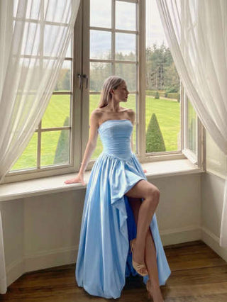 Satin Strapless Ruched Lace-up High Rise Bubble Maxi Dress