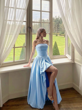 Satin Strapless Ruched Lace-up High Rise Bubble Maxi Dress