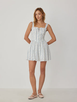 Cotton-blend Ditsy Floral Square Neck Ruffled Flared Mini Dress