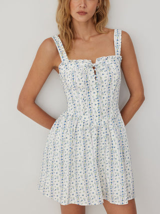 Cotton-blend Ditsy Floral Square Neck Ruffled Flared Mini Dress