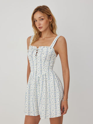 Cotton-blend Ditsy Floral Square Neck Ruffled Flared Mini Dress