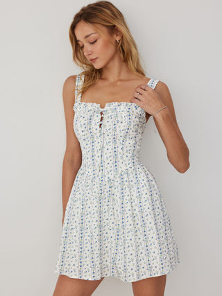 Cotton-blend Ditsy Floral Square Neck Ruffled Flared Mini Dress