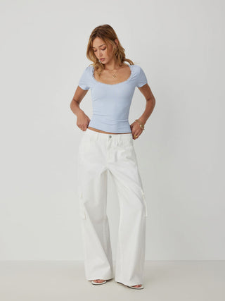 Textured Scoop Neck Lace Trim Short Sleeve Crop Tee