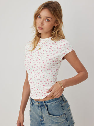 Cotton-blend Floral Round Neck Short Sleeve Tee