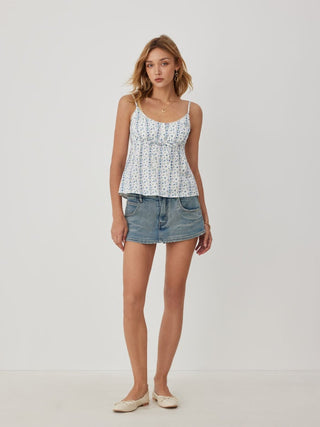 Cotton-blend Floral Scoop Neck Lace Trim Bowknot Oversized Cami Blouse