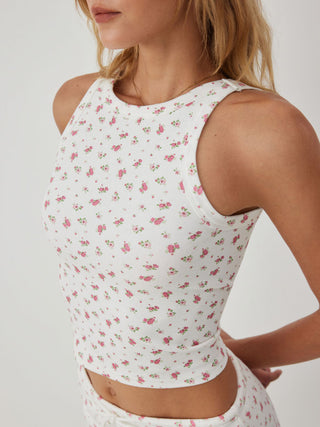 Cotton-blend Floral Scoop Neck Crop Tank Top