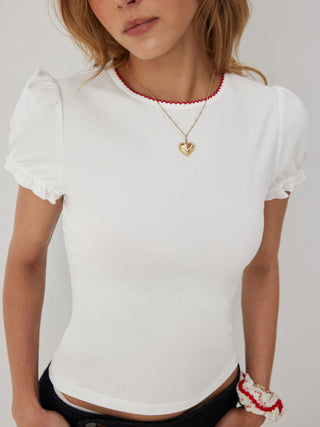 Cotton-blend Contrast Stitch Ruched Puff Sleeve Tee