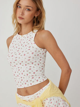 Cotton-blend Floral Scoop Neck Crop Tank Top