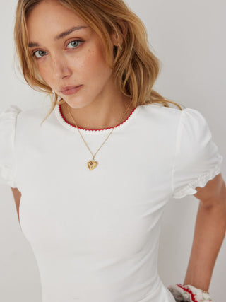 Cotton-blend Contrast Stitch Ruched Puff Sleeve Tee