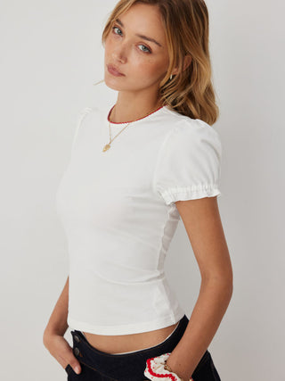 Cotton-blend Contrast Stitch Ruched Puff Sleeve Tee
