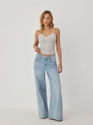 Cotton-blend V-neck Lace Trim Ruched Bowknot Cami Top