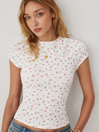 Cotton-blend Floral Round Neck Short Sleeve Tee