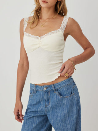 Pointelle Scoop Neck Ruched Lace Trim Lettuce Hem Cami Top