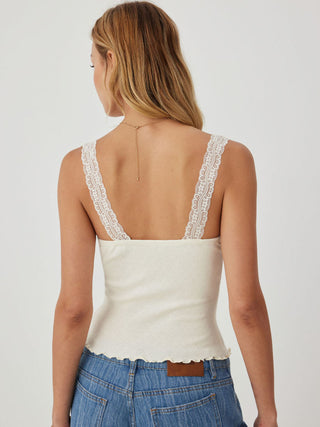 Pointelle Scoop Neck Ruched Lace Trim Lettuce Hem Cami Top