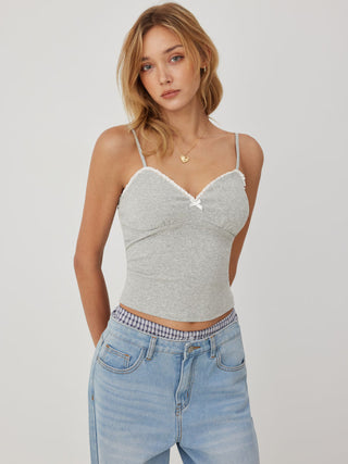 Cotton-blend V-neck Lace Trim Ruched Bowknot Cami Top