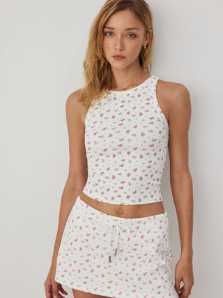 Cotton-blend Floral Scoop Neck Crop Tank Top