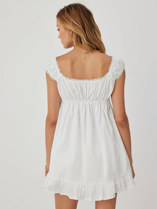 Cotton-blend Square Neck Puff Sleeve Drawstring Ruffle Hem Oversized Babydoll Mini Dress