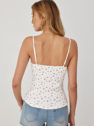 Cotton-blend Floral V-neck Lace Trim Cami Top