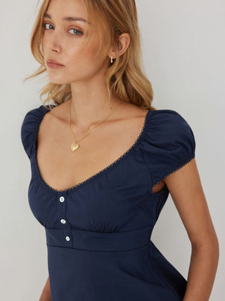 Cotton-blend Scoop Neckline Puff Sleeve Ruched Lace Trim Blouse