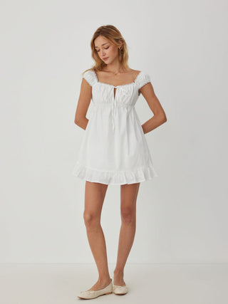 Cotton-blend Square Neck Puff Sleeve Drawstring Ruffle Hem Oversized Babydoll Mini Dress