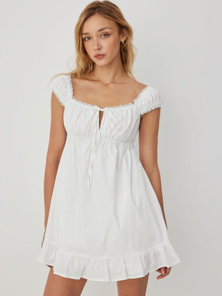 Cotton-blend Square Neck Puff Sleeve Drawstring Ruffle Hem Oversized Babydoll Mini Dress