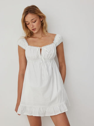 Cotton-blend Square Neck Puff Sleeve Drawstring Ruffle Hem Oversized Babydoll Mini Dress