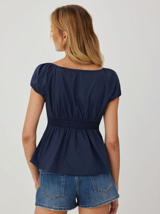 Cotton-blend Scoop Neckline Puff Sleeve Ruched Lace Trim Blouse