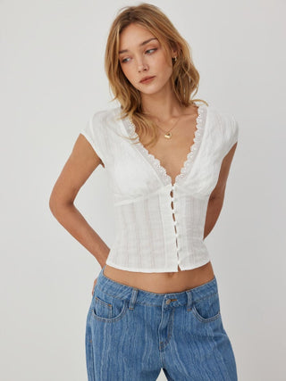 Textured V-neck Short Sleeve Lace Trim Pearl Button Blouse