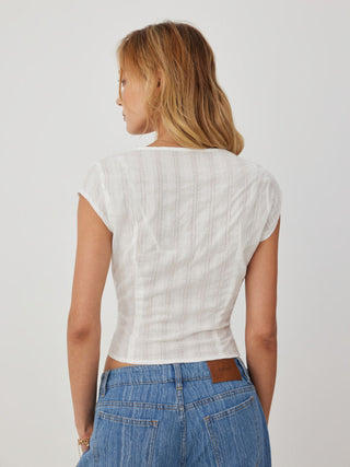 Textured V-neck Short Sleeve Lace Trim Pearl Button Blouse