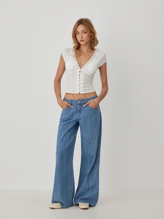 Textured V-neck Short Sleeve Lace Trim Pearl Button Blouse