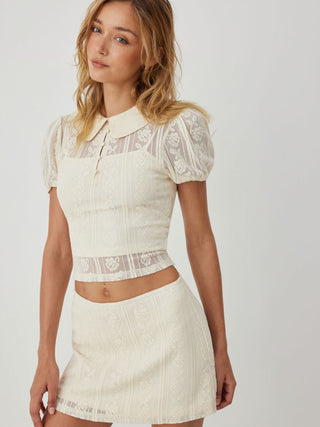 Knit Fabric Cotton-blend Lace Peter Pan Collar Top & Mid Rise Mini Skirt Set For Daily Casual Date