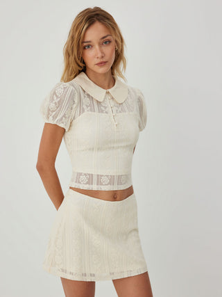 Knit Fabric Cotton-blend Lace Peter Pan Collar Top & Mid Rise Mini Skirt Set For Daily Casual Date