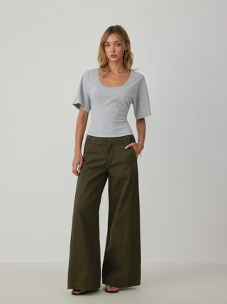 Cotton-blend U-neckline Short Bell Sleeve Tee