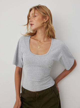 Cotton-blend U-neckline Short Bell Sleeve Tee