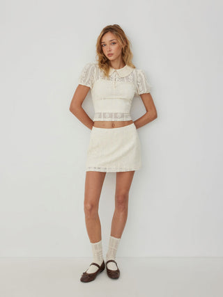 Knit Fabric Cotton-blend Lace Peter Pan Collar Top & Mid Rise Mini Skirt Set For Daily Casual Date