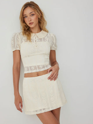 Knit Fabric Cotton-blend Lace Peter Pan Collar Top & Mid Rise Mini Skirt Set For Daily Casual Date