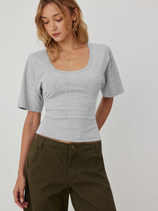 Cotton-blend U-neckline Short Bell Sleeve Tee