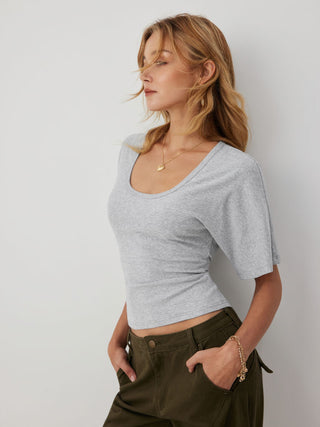 Cotton-blend U-neckline Short Bell Sleeve Tee