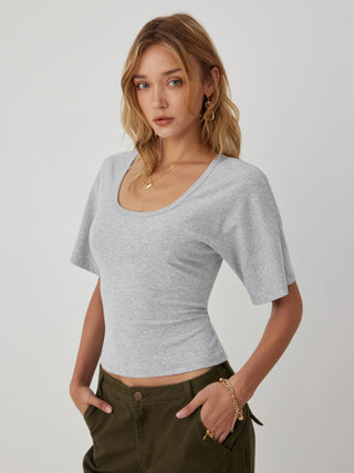 Cotton-blend U-neckline Short Bell Sleeve Tee