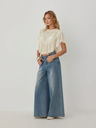 Chiffon Lace Panel Ruffle Sleeve Oversized Blouse