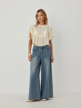 Chiffon Lace Panel Ruffle Sleeve Oversized Blouse