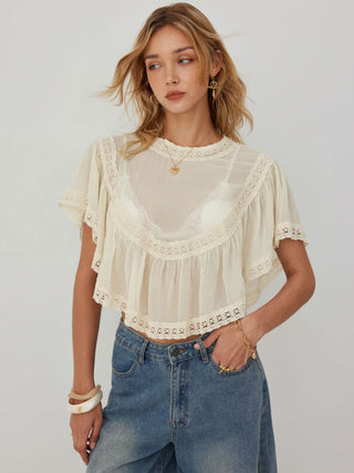 Chiffon Lace Panel Ruffle Sleeve Oversized Blouse
