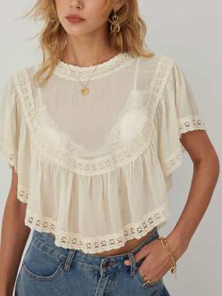 Chiffon Lace Panel Ruffle Sleeve Oversized Blouse