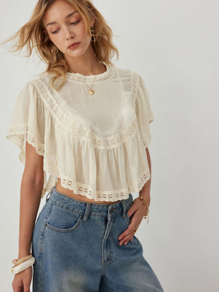 Chiffon Lace Panel Ruffle Sleeve Oversized Blouse