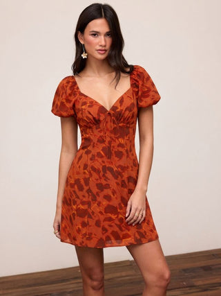 Abstract Print Sweetheart Puff Sleeve A-line Mini Dress