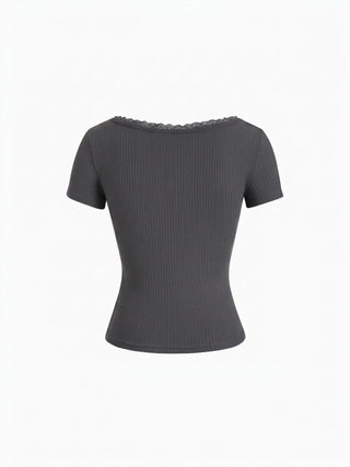 Textured Scoop Neck Lace Trim Short Sleeve Crop Tee