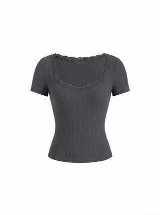 Textured Scoop Neck Lace Trim Short Sleeve Crop Tee