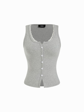 Cotton-blend Scoop Neck Lace Trim Tank Top