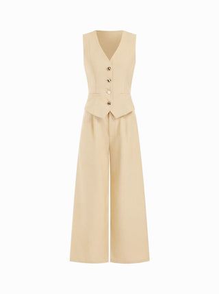 Woven V-neck Metal Button Pocket Wide Leg Jumpsuit For Work
