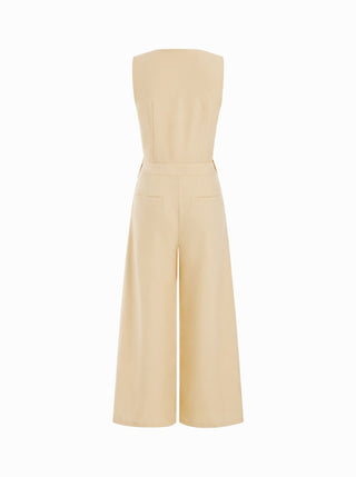 Woven V-neck Metal Button Pocket Wide Leg Jumpsuit For Work